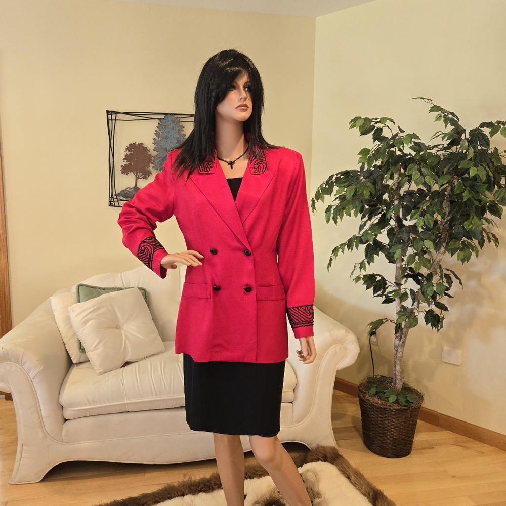 Vintage Sgt. Pepper Style Red & Black Beaded Woman's 3 Piece Suit, Size 12